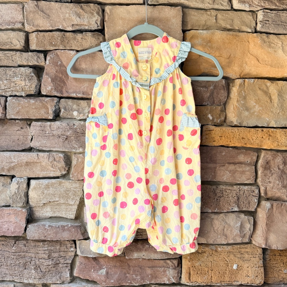 VTG Laura Ashley Girls 6-12M Romper Polka Dot Gingham Ruffle Yellow Sleeveless